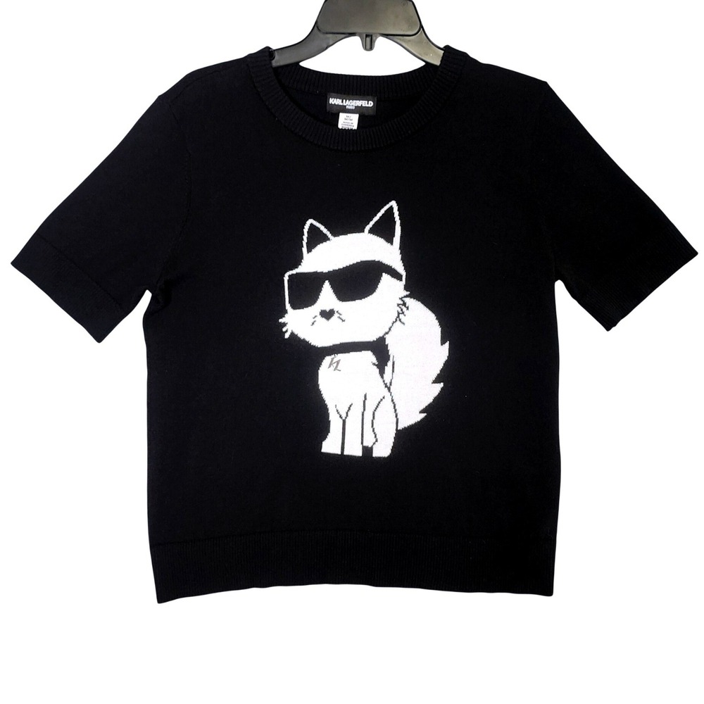 Karl Lagerfeld Paris‎ Sweater Women Size M Black Choupette Cat Graphic Knit Top